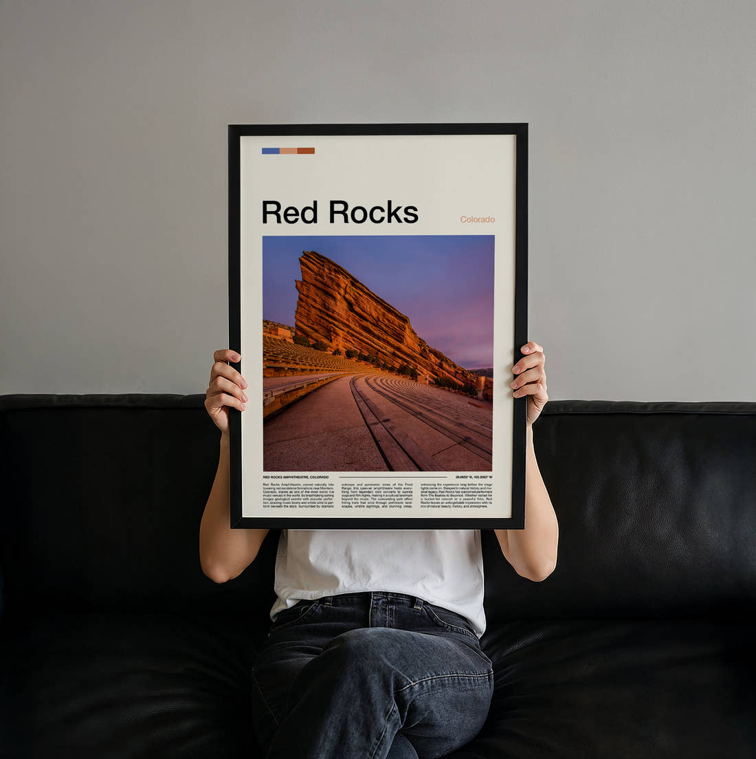 Red Rocks Rock Amphitheatre At Dusk Travel Print held up by hand to show the size of the print