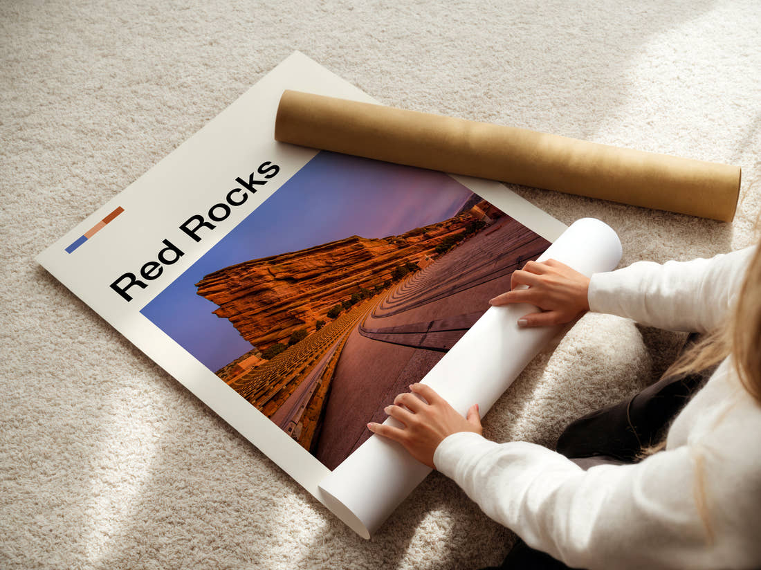 Red Rocks Rock Amphitheatre At Dusk Travel Print being unrolled from its postal tube