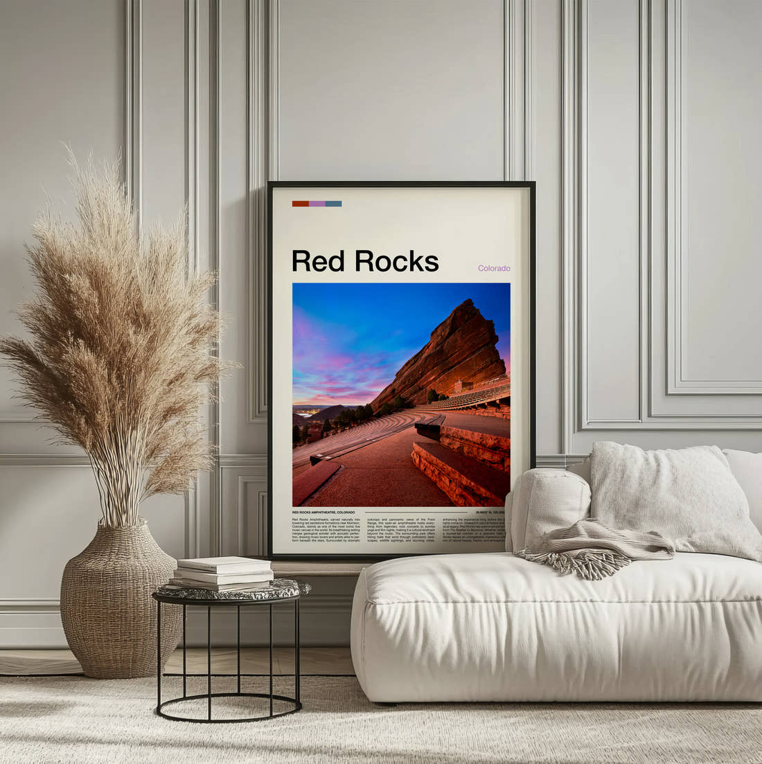 Red Rocks Amphitheatre At Dusk Travel Print framed on the wall of a calm, neutral bedroom