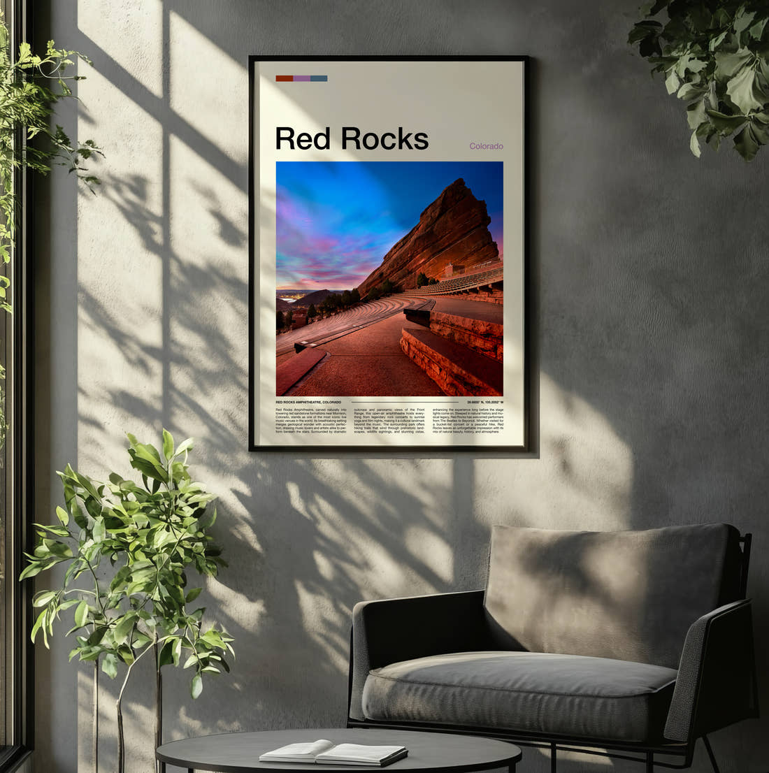 Red Rocks Amphitheatre At Dusk Travel Print framed on the wall of a relaxed living room