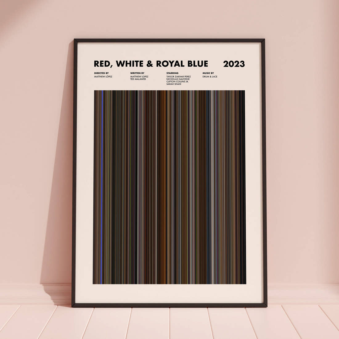 Red, White & Royal Blue Movie Barcode Poster framed and leaning against a coloured wall