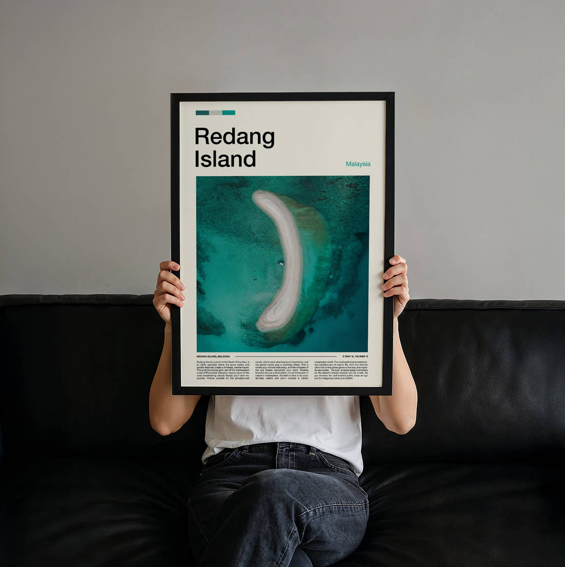 Redang Curved Sandbar From Above Travel Print held up by hand to show the size of the print