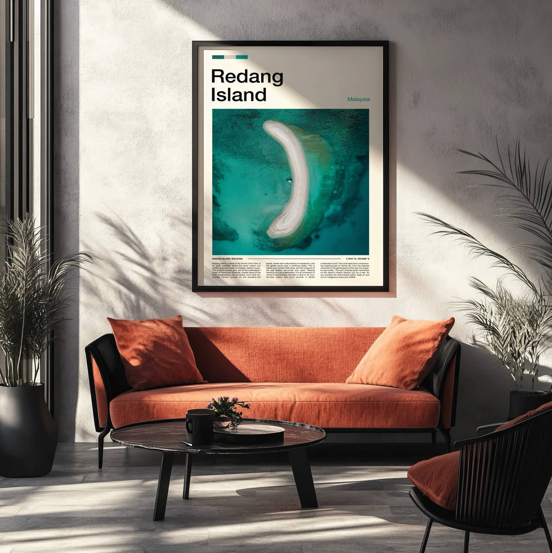 Redang Curved Sandbar From Above Travel Print framed on the wall of a modern living room