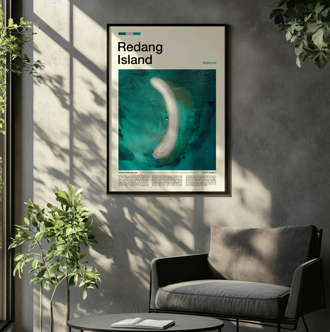 Redang Curved Sandbar From Above Travel Print framed on the wall of a relaxed living room