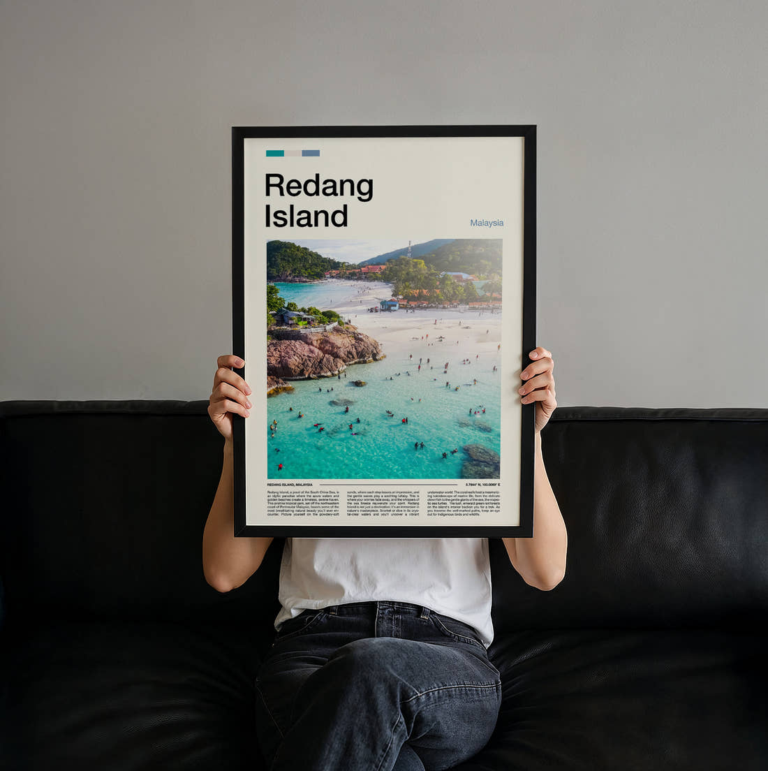 Redang Swimmers In Turquoise Water Travel Print held up by hand to show the size of the print