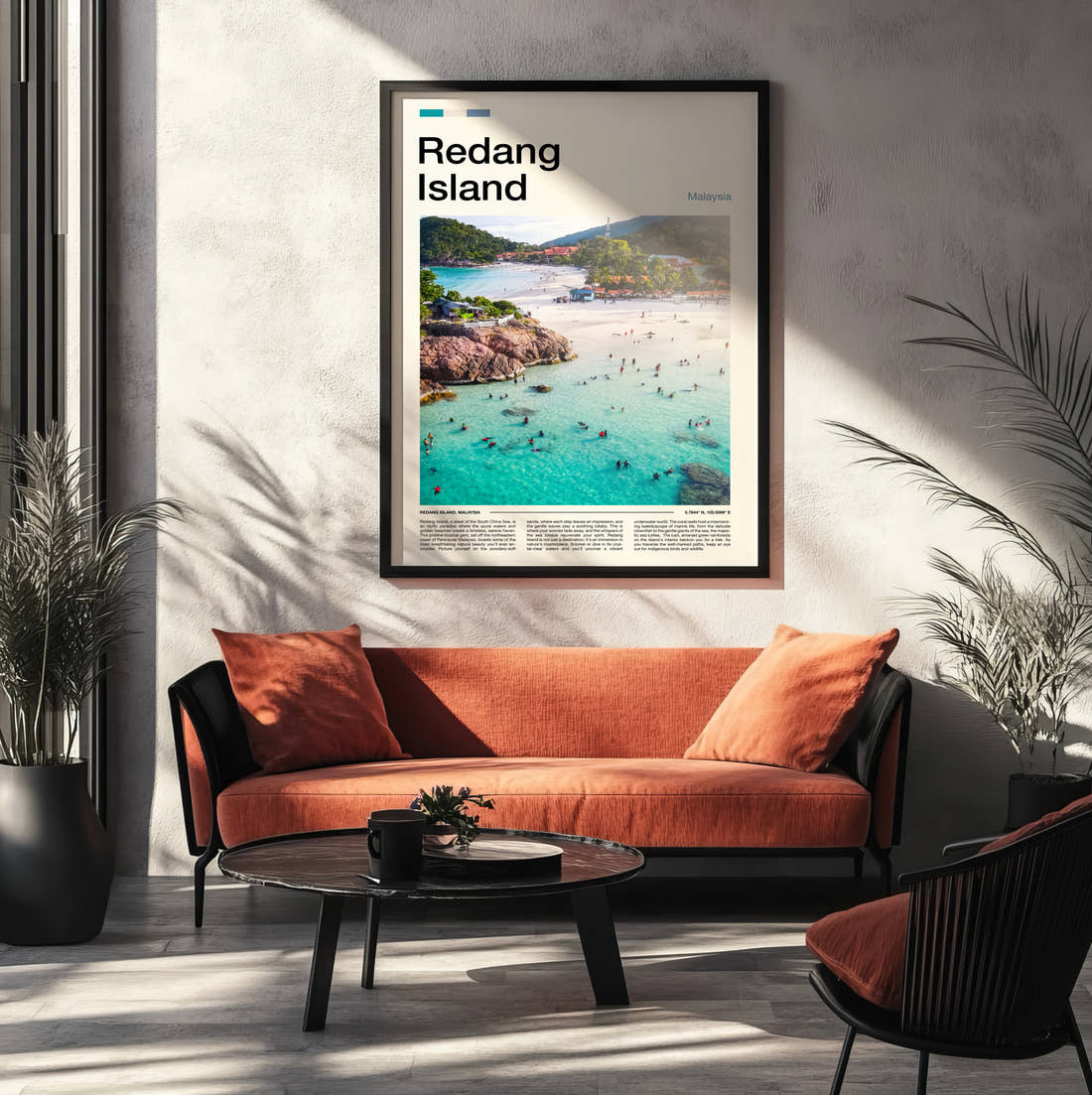 Redang Swimmers In Turquoise Water Travel Print framed on the wall of a modern living room