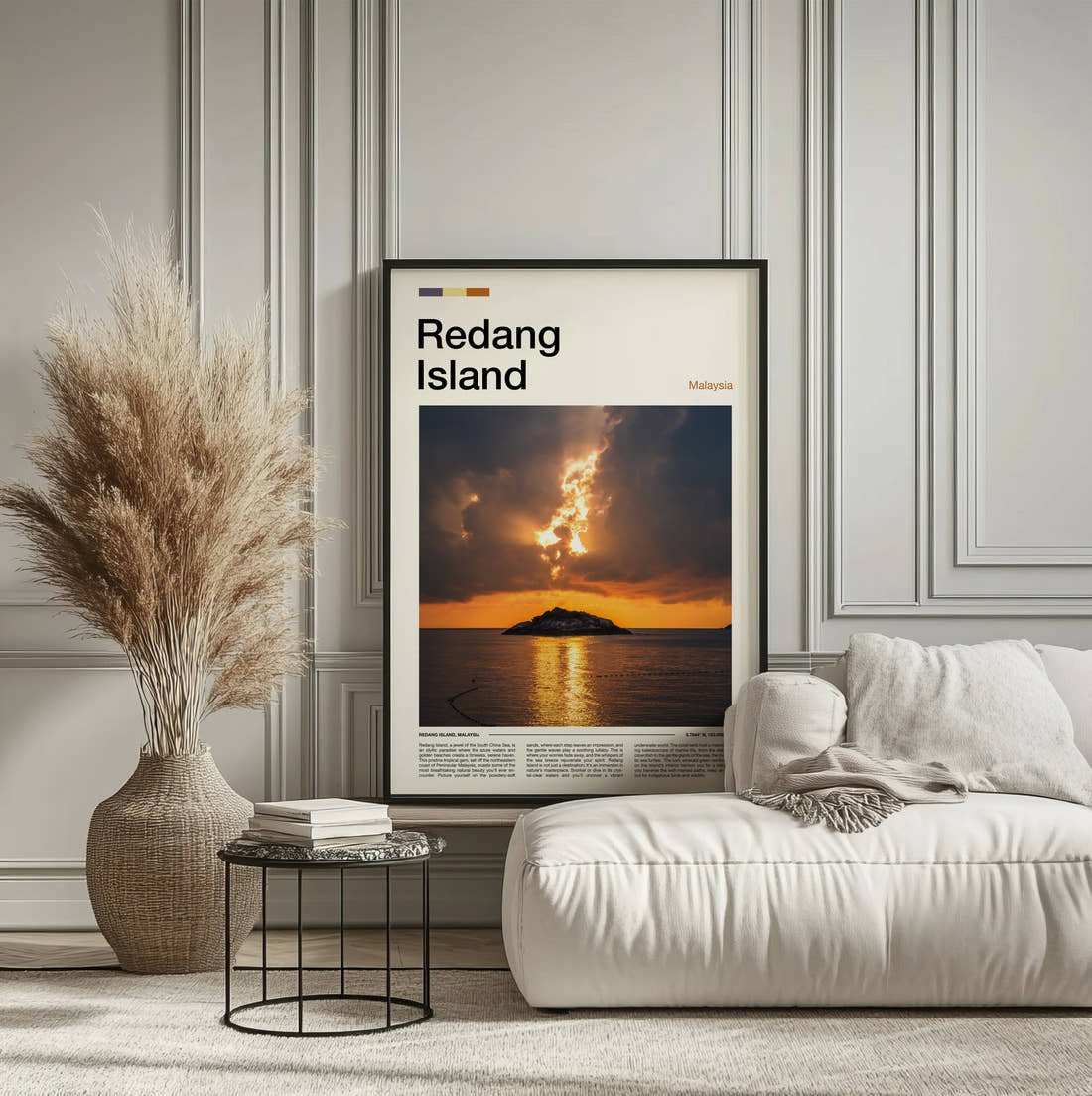 Redang Sunset Over The Sea Travel Print framed on the wall of a calm, neutral bedroom
