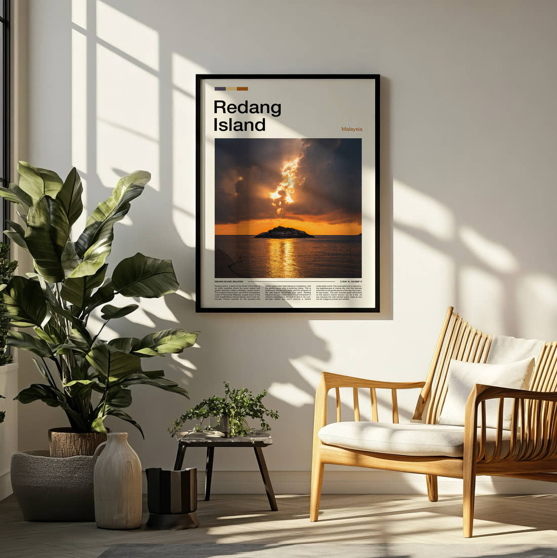 Redang Sunset Over The Sea Travel Print framed on a pale wall beside houseplants