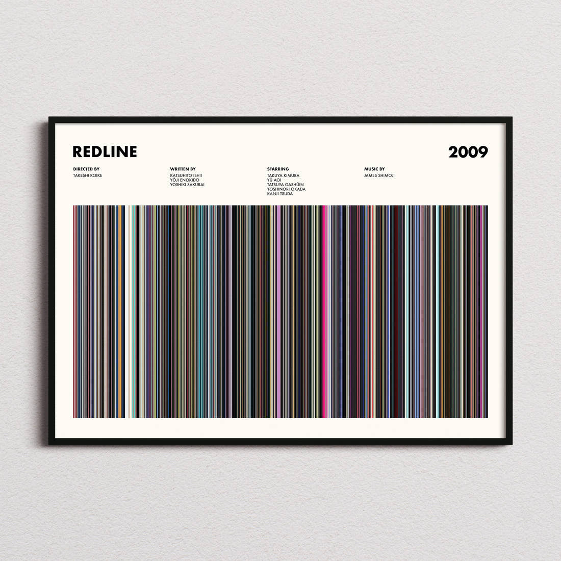 Redline (2009) Movie Barcode Poster framed and photographed straight on
