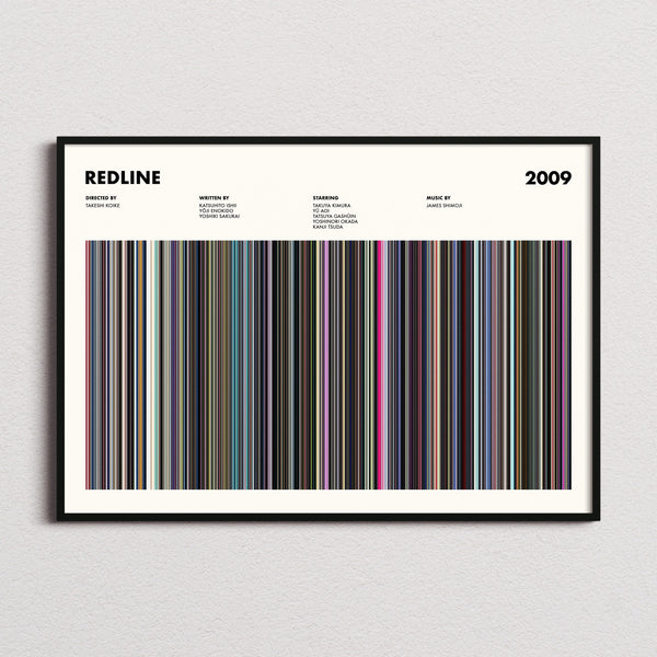Redline (2009) Movie Barcode Poster framed and photographed straight on