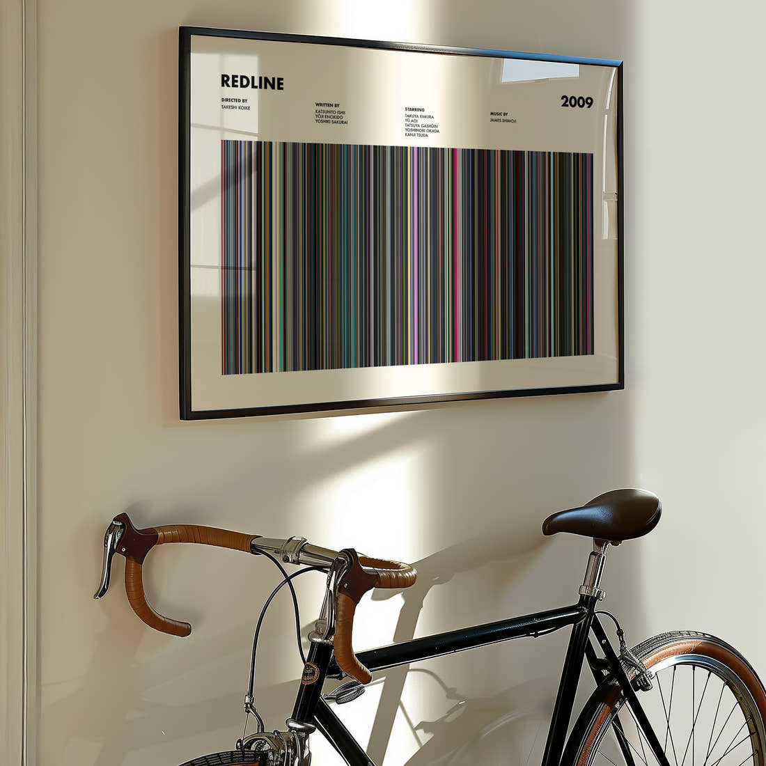 Redline (2009) Movie Barcode Poster framed on the wall of a styled room setting