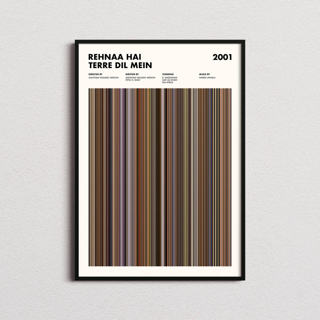 Rehnaa Hai Terre Dil Mein Movie Barcode Poster framed on a plain studio wall