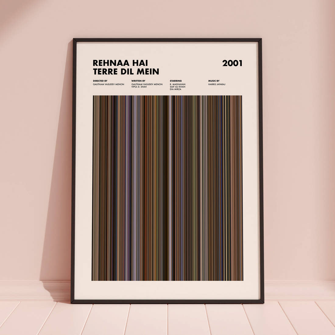 Rehnaa Hai Terre Dil Mein Movie Barcode Poster framed and leaning against a coloured wall