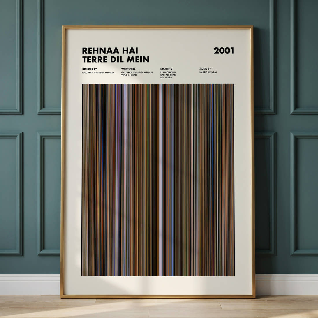 Rehnaa Hai Terre Dil Mein Movie Barcode Poster framed and leaning against a panelled wall