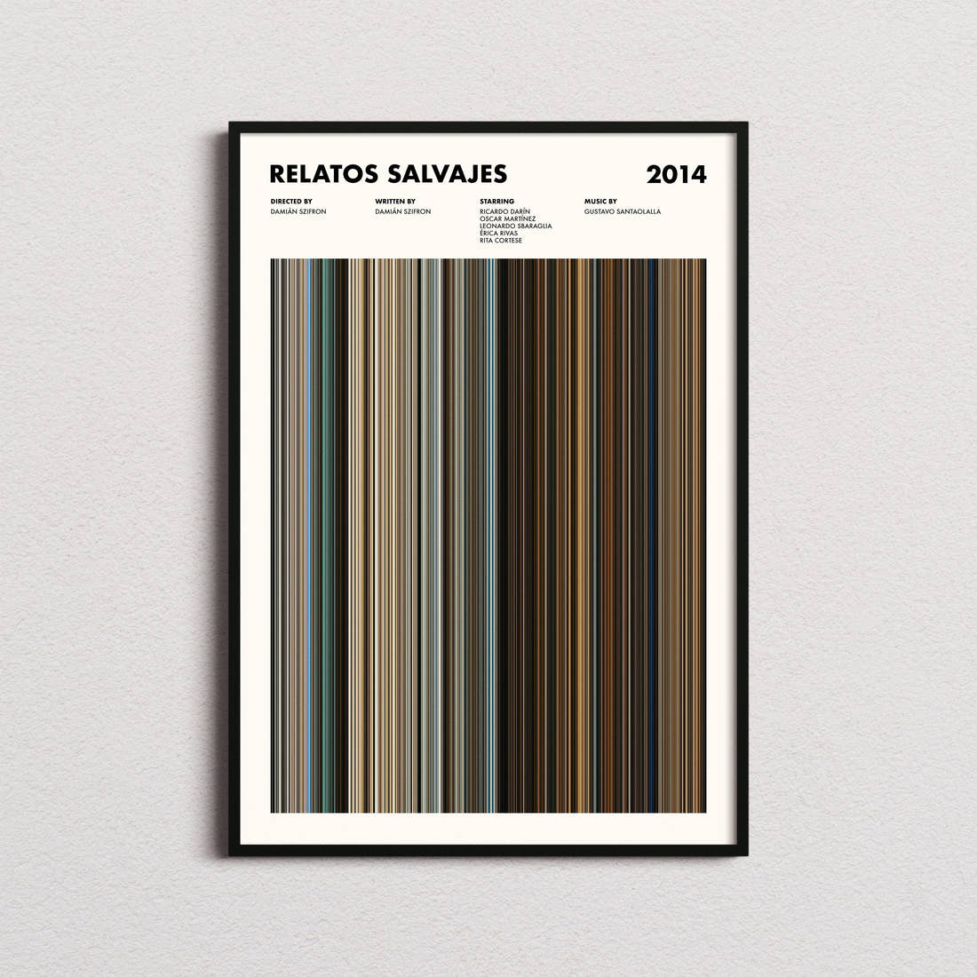 Relatos Salvajes Movie Barcode Poster framed on a plain studio wall