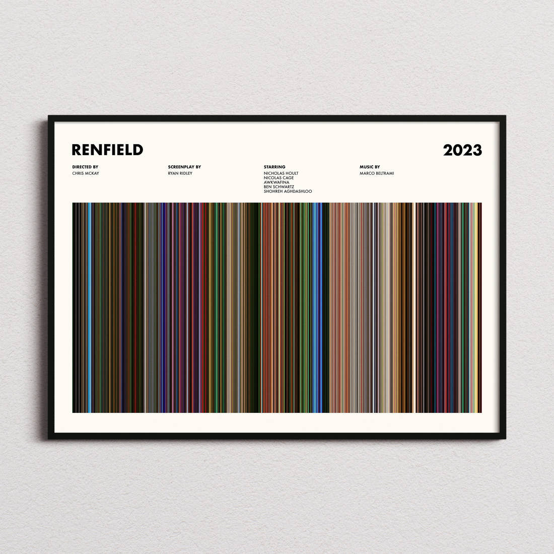 Renfield Movie Barcode Poster framed and photographed straight on