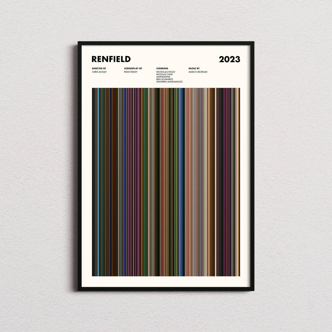 Renfield Movie Barcode Poster framed on a plain studio wall