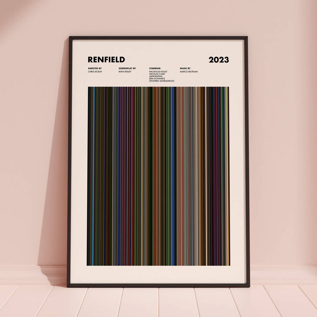 Renfield Movie Barcode Poster framed and leaning against a coloured wall