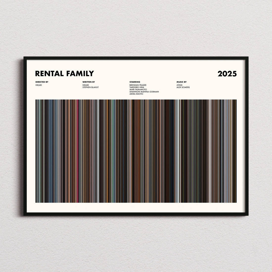Rental Family Movie Barcode Poster framed and photographed straight on