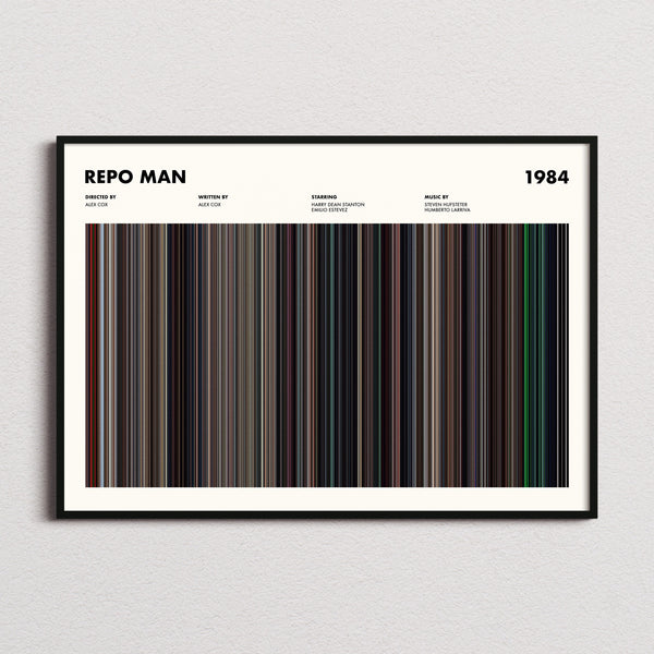 Repo Man Movie Barcode Poster framed and photographed straight on