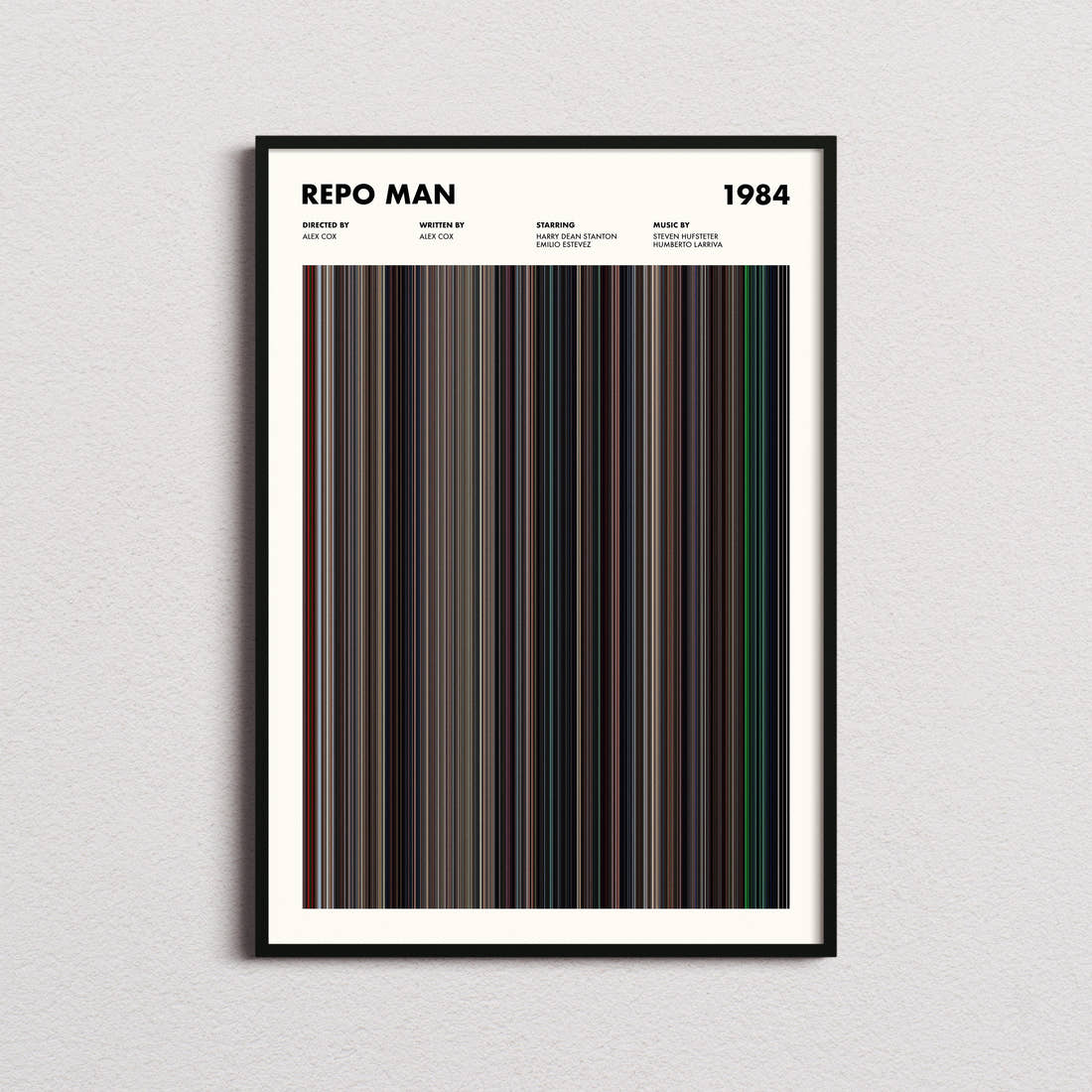 Repo Man Movie Barcode Poster framed on a plain studio wall