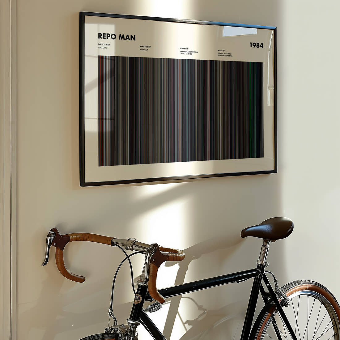 Repo Man Movie Barcode Poster framed on the wall of a styled room setting