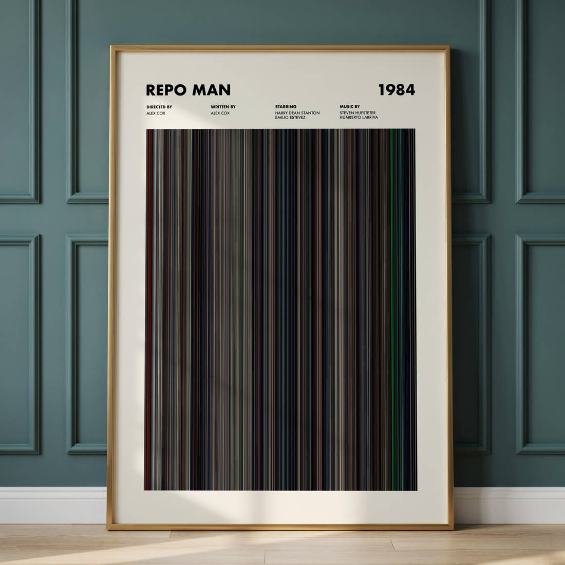 Repo Man Movie Barcode Poster framed and leaning against a panelled wall