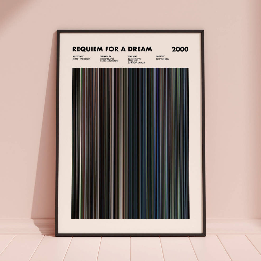 Requiem For A Dream Movie Barcode Poster framed and leaning against a coloured wall