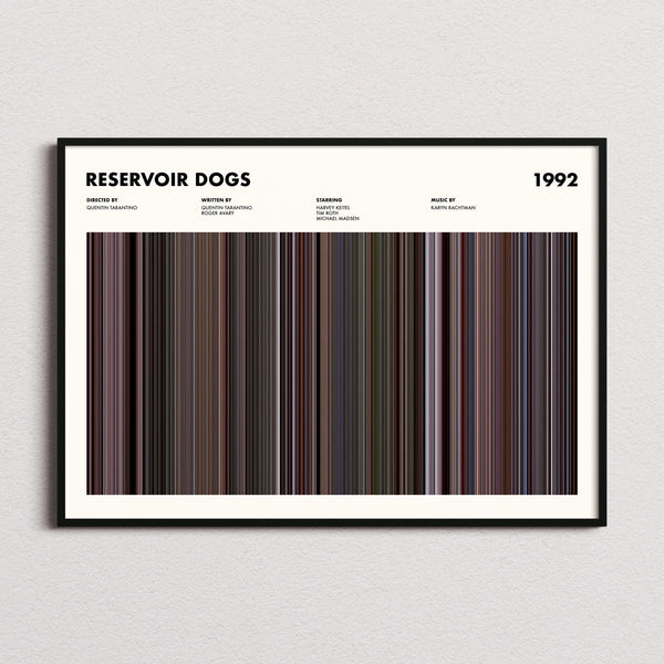 Reservoir Dogs Movie Barcode Poster framed and photographed straight on