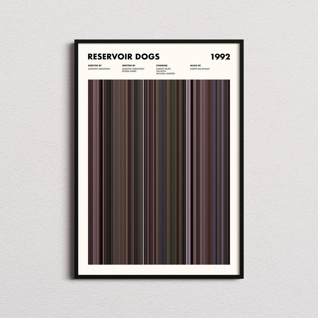 Reservoir Dogs Movie Barcode Poster framed on a plain studio wall