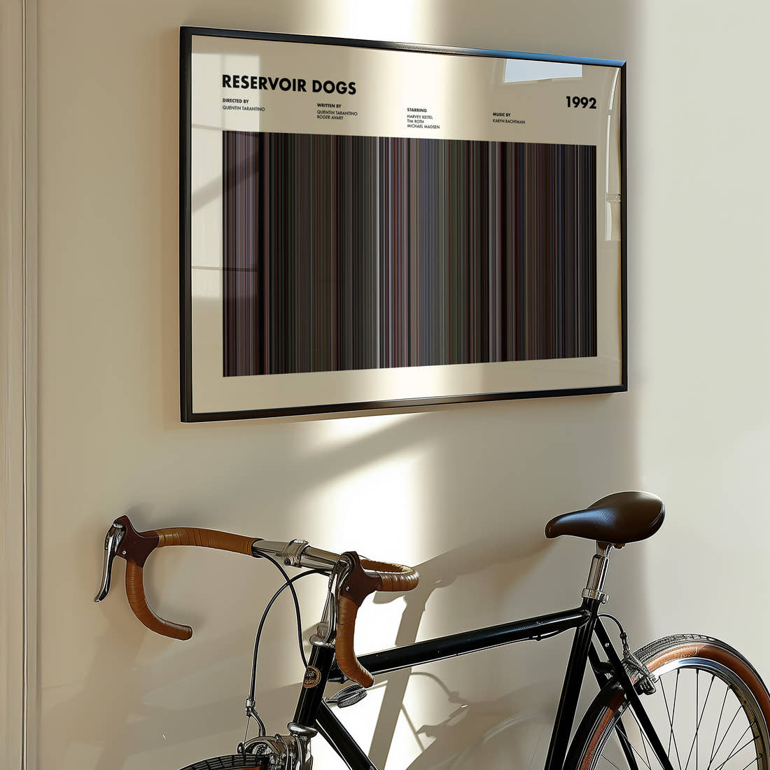 Reservoir Dogs Movie Barcode Poster framed on the wall of a styled room setting