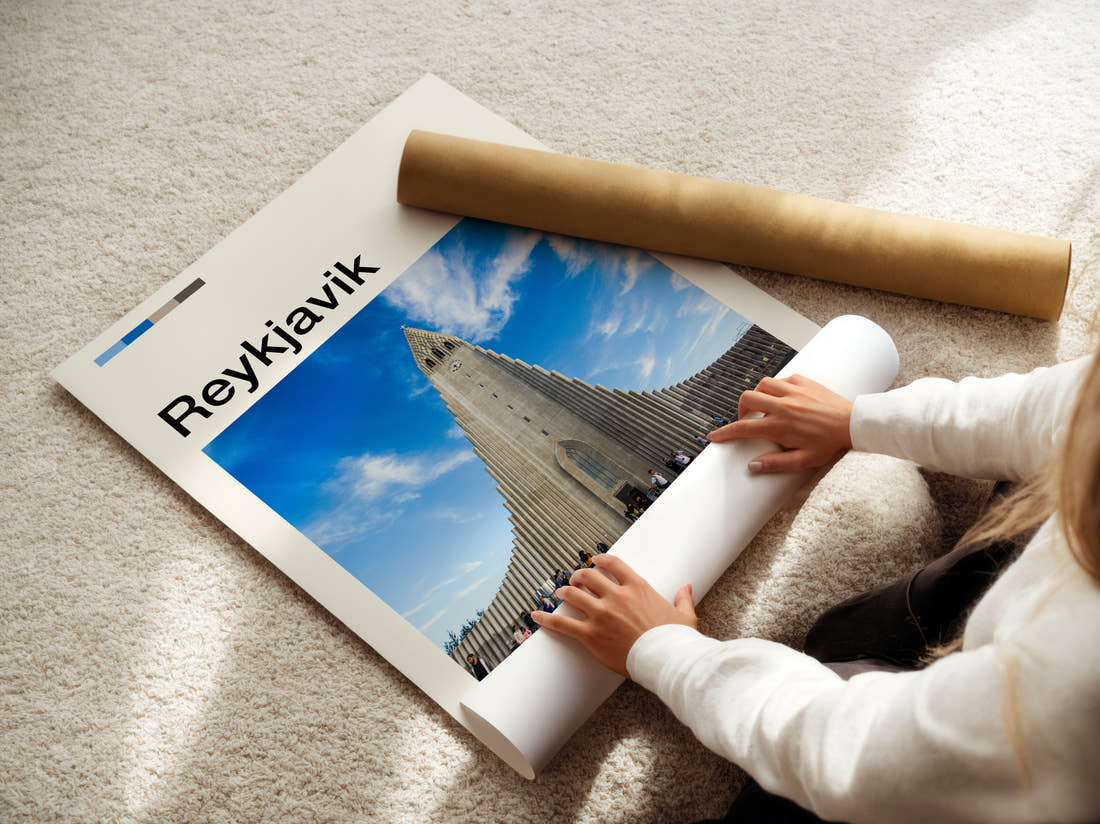 Reykjavik Hallgrimskirkja Travel Print being unrolled from its postal tube