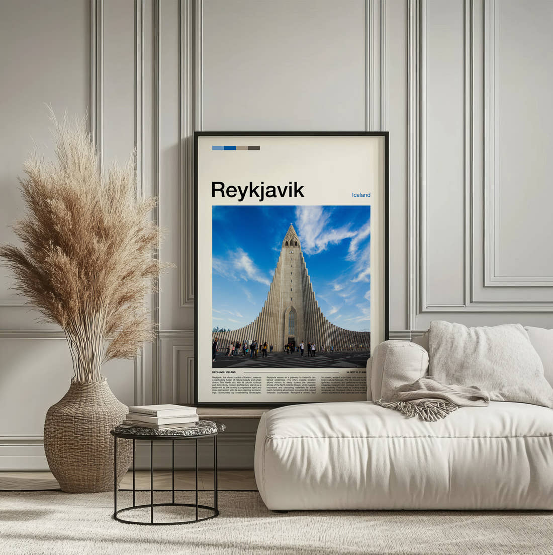 Reykjavik Hallgrimskirkja Travel Print framed on the wall of a calm, neutral bedroom