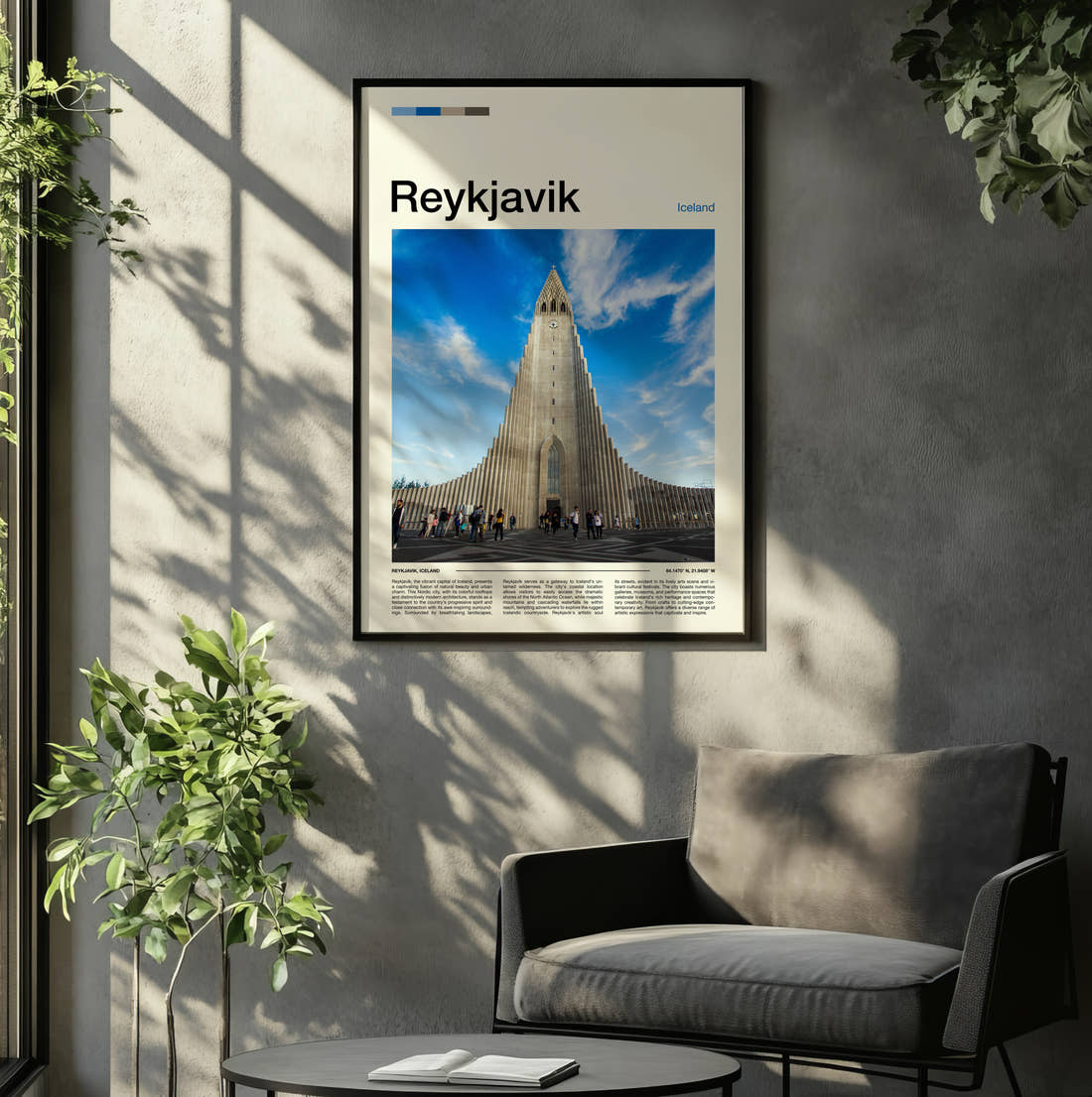Reykjavik Hallgrimskirkja Travel Print framed on the wall of a relaxed living room
