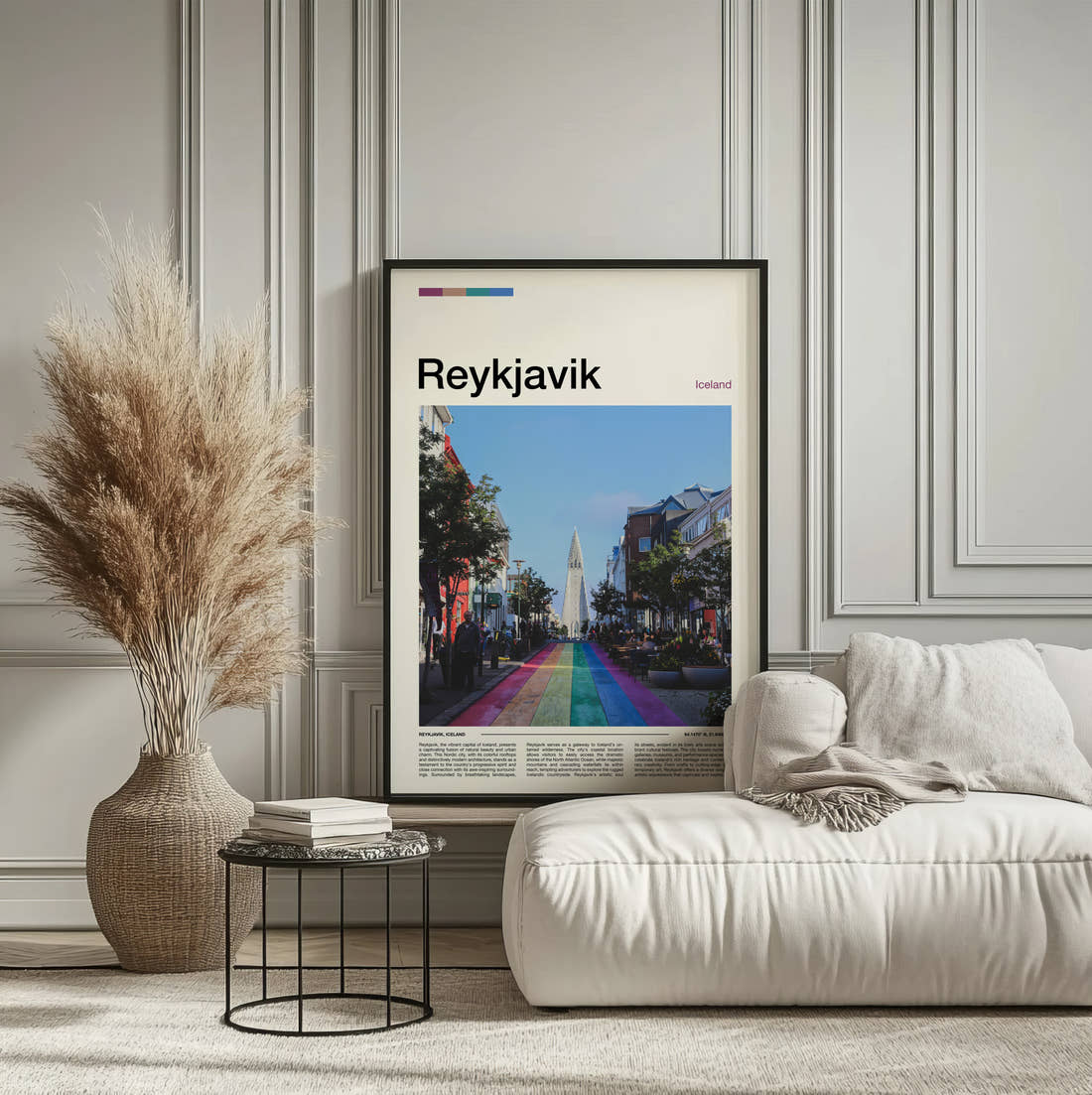 Reykjavik Rainbow Street Travel Print framed on the wall of a calm, neutral bedroom