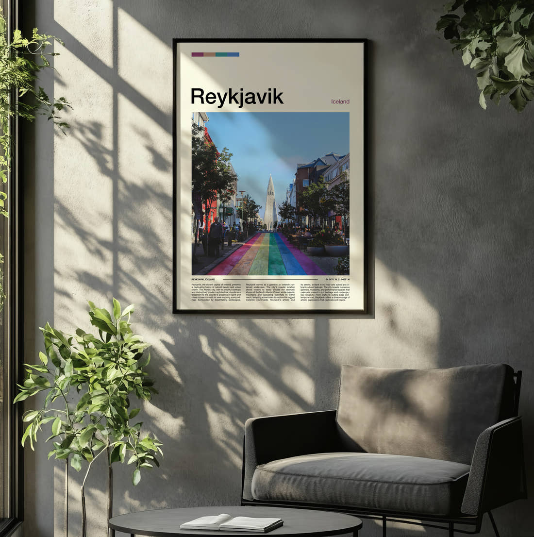 Reykjavik Rainbow Street Travel Print framed on the wall of a relaxed living room