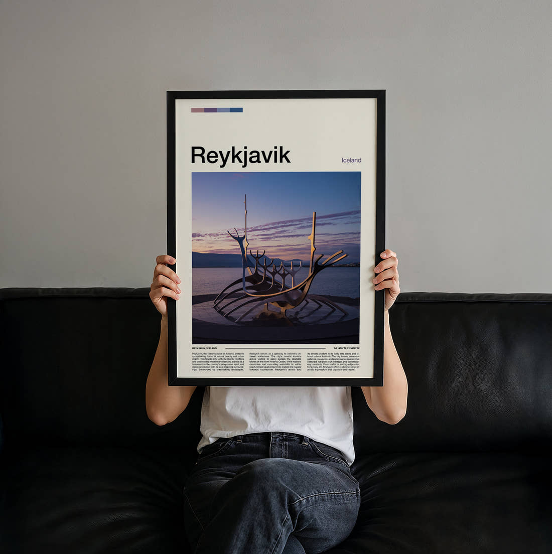 Reykjavik Sun Voyager Sculpture Travel Print held up by hand to show the size of the print