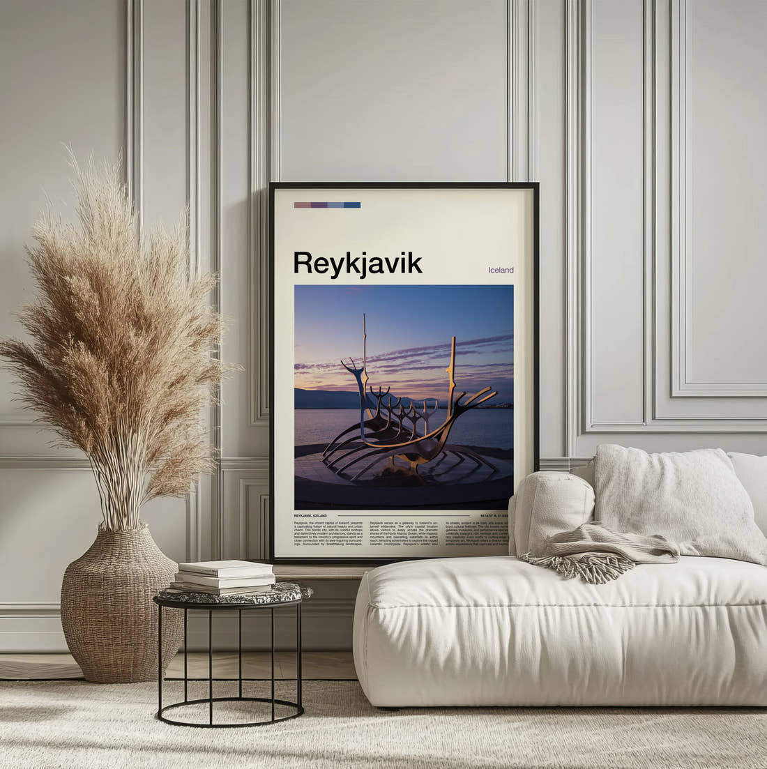 Reykjavik Sun Voyager Sculpture Travel Print framed on the wall of a calm, neutral bedroom