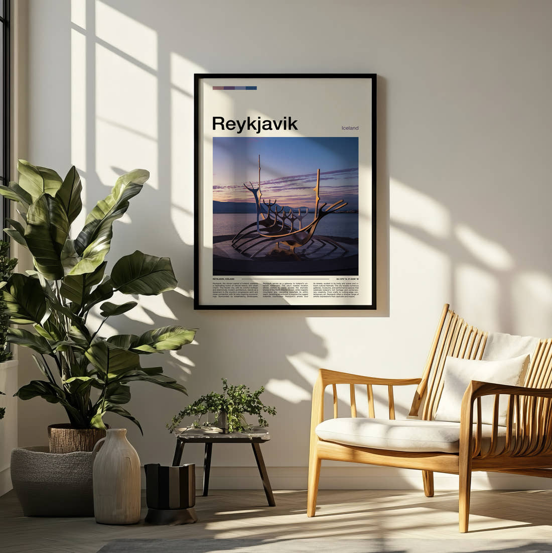 Reykjavik Sun Voyager Sculpture Travel Print framed on a pale wall beside houseplants