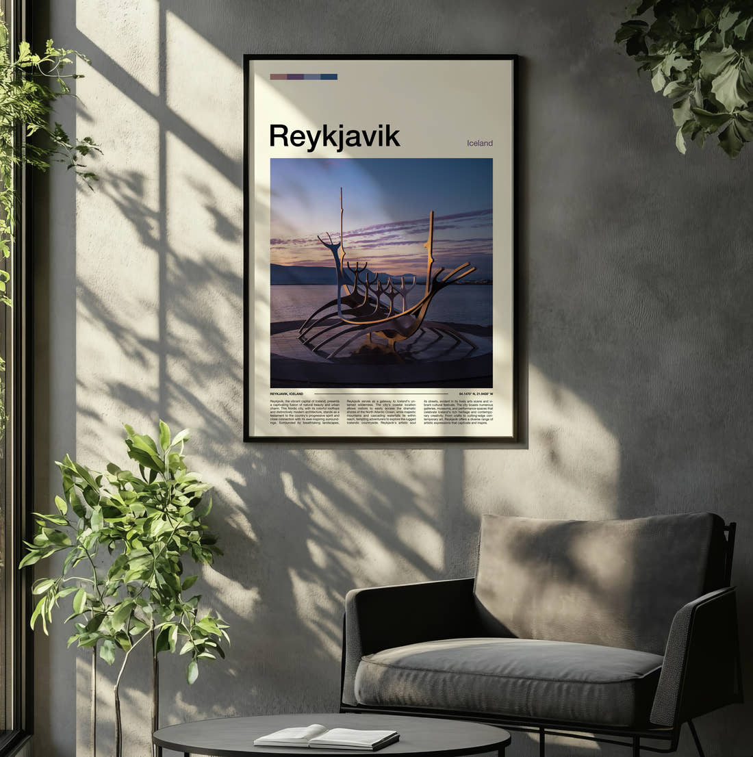 Reykjavik Sun Voyager Sculpture Travel Print framed on the wall of a relaxed living room