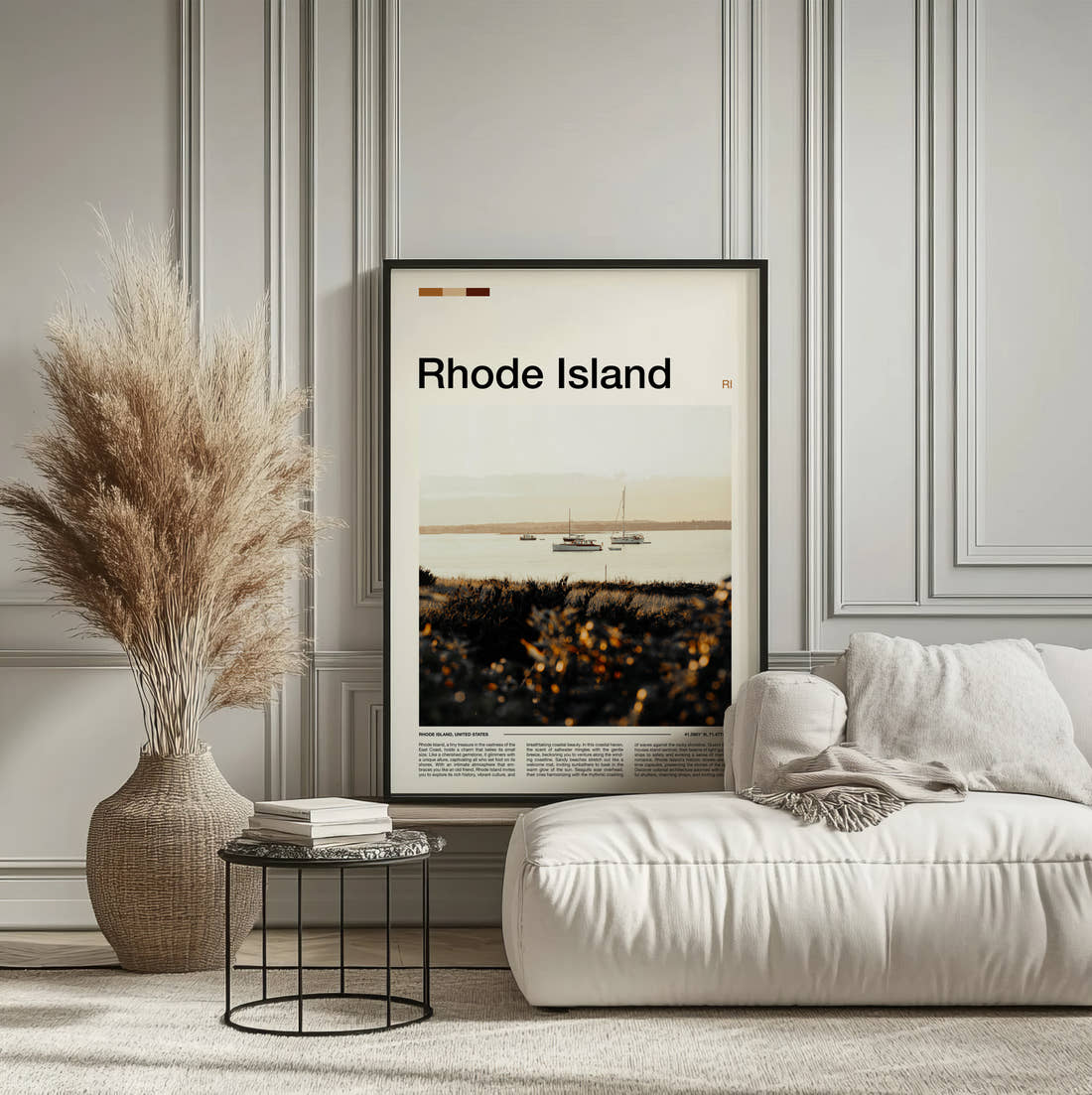 Rhode Island Moored Sailboats Travel Print framed on the wall of a calm, neutral bedroom