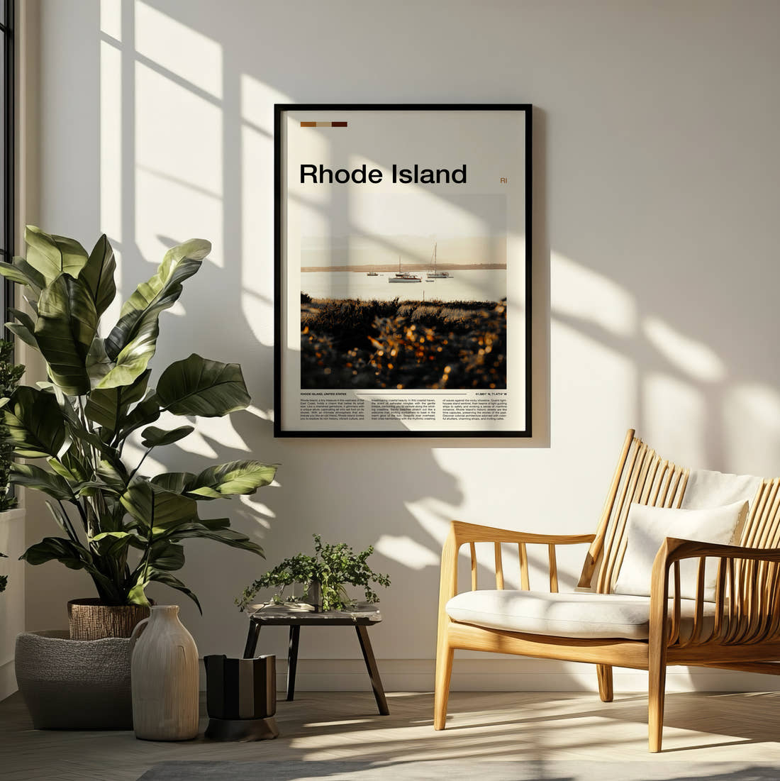 Rhode Island Moored Sailboats Travel Print framed on a pale wall beside houseplants