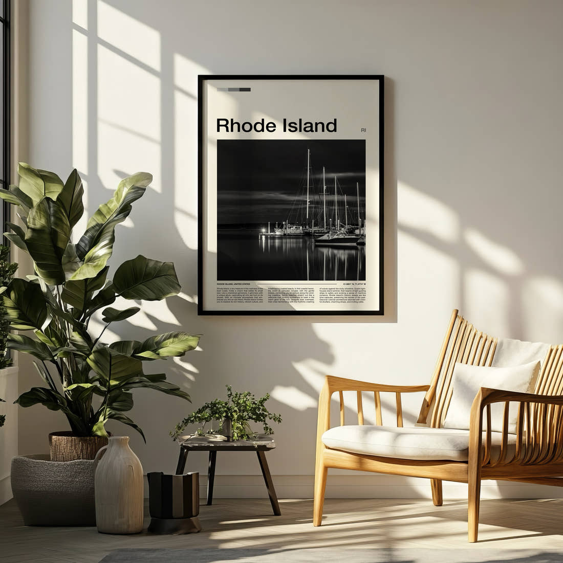 Rhode Island Marina In Black And White Travel Print framed on a pale wall beside houseplants
