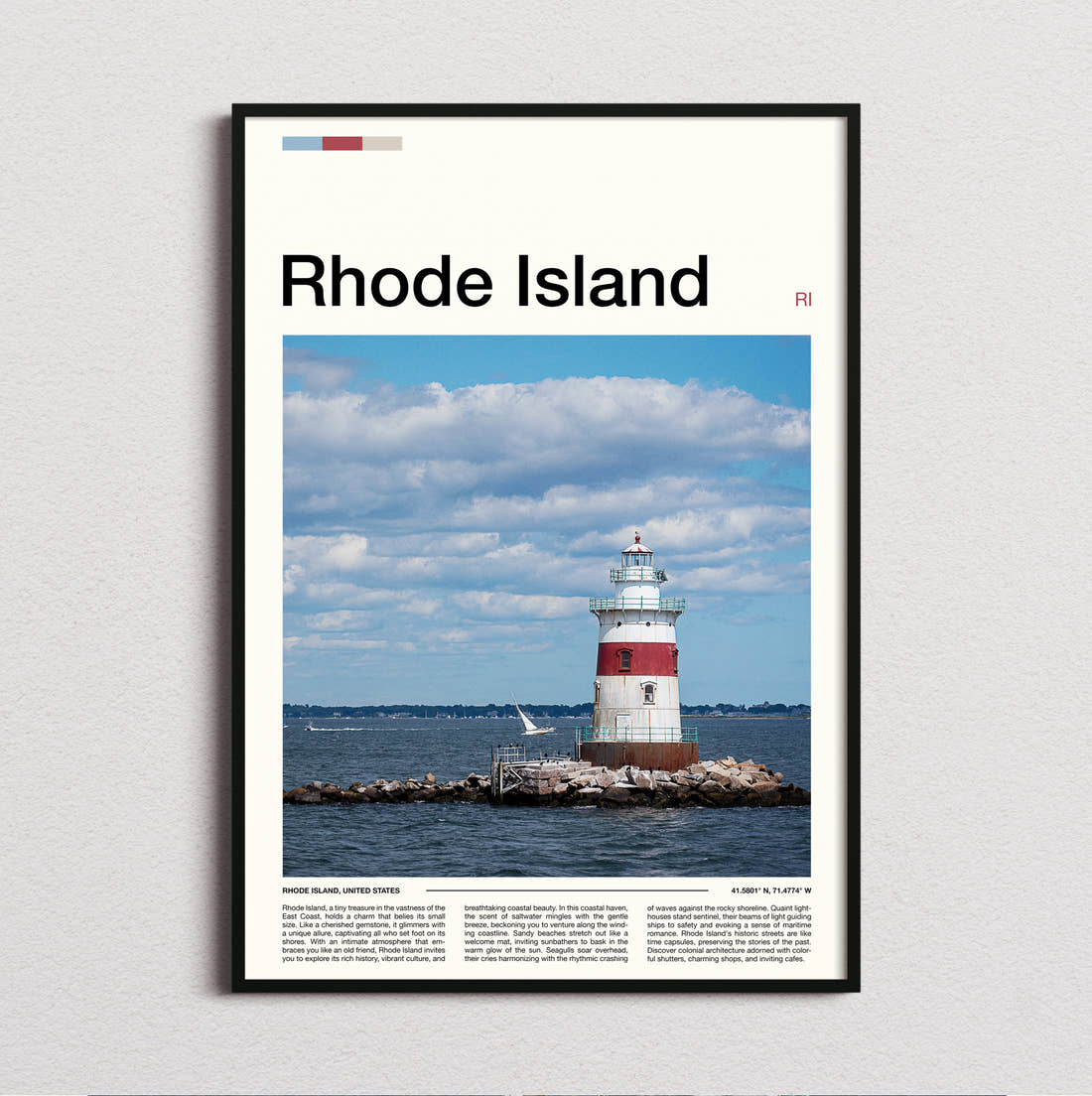 Rhode Island Lighthouse Travel Print framed and photographed straight on