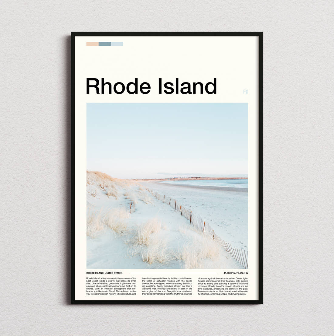 Rhode Island Snowy Dunes Travel Print framed and photographed straight on