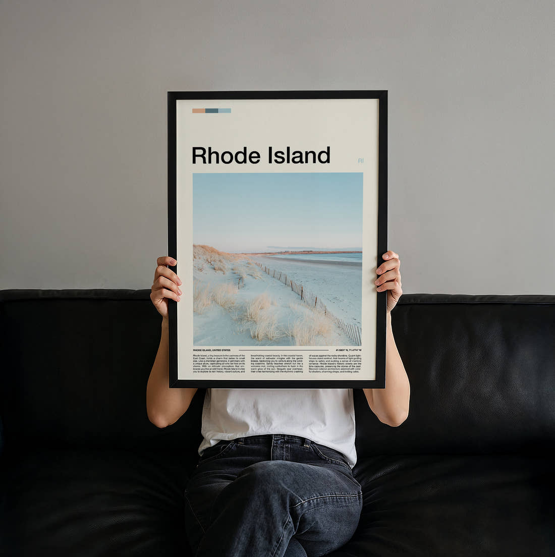 Rhode Island Snowy Dunes Travel Print held up by hand to show the size of the print