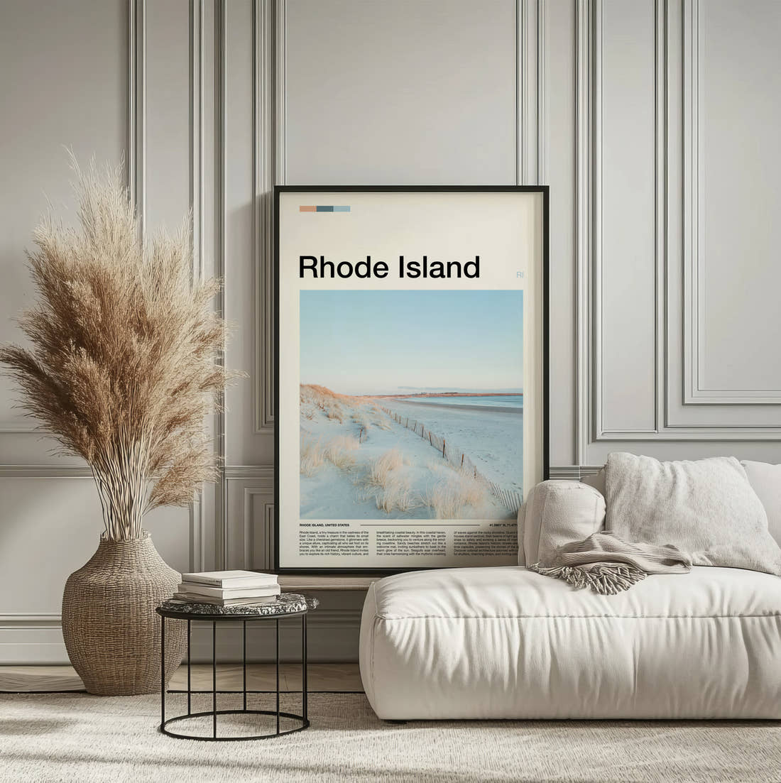 Rhode Island Snowy Dunes Travel Print framed on the wall of a calm, neutral bedroom