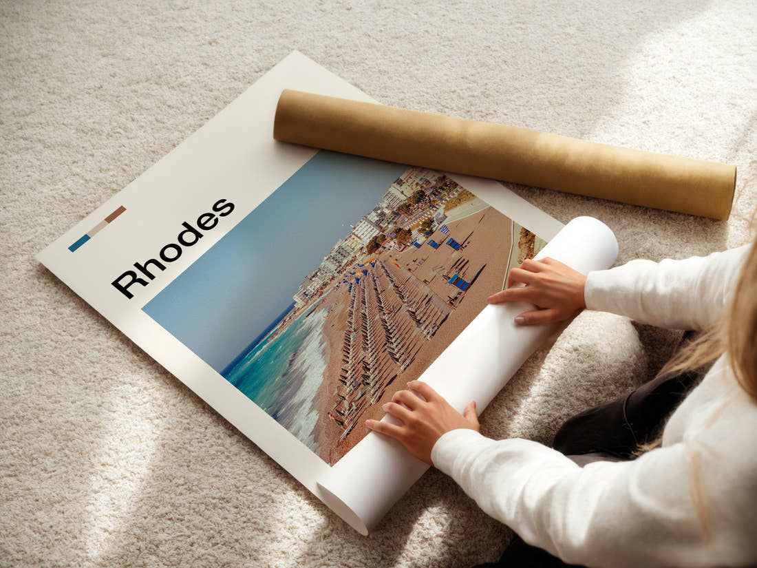 Rhodes Aerial Beach View Travel Print being unrolled from its postal tube