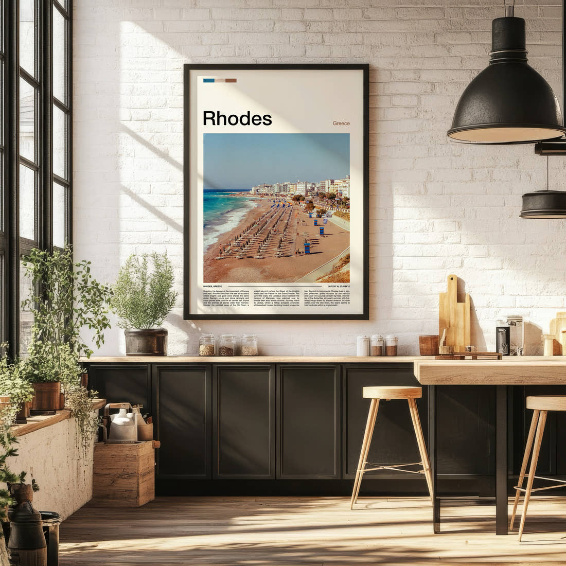 Rhodes Aerial Beach View Travel Print framed on the wall of a bright kitchen and dining space