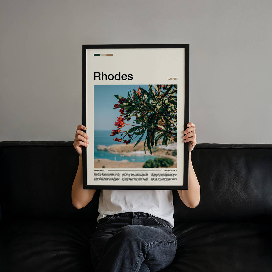 Rhodes Oleander Over Bay Travel Print held up by hand to show the size of the print